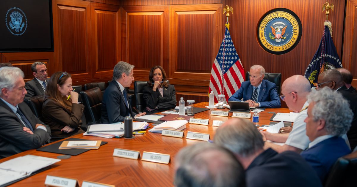 This X screen shot shows President Joe Biden, Vice President Kamala Harris and other Biden administration officials meeting after a missile attack from Iranian proxies injured American troops on Aug. 5.