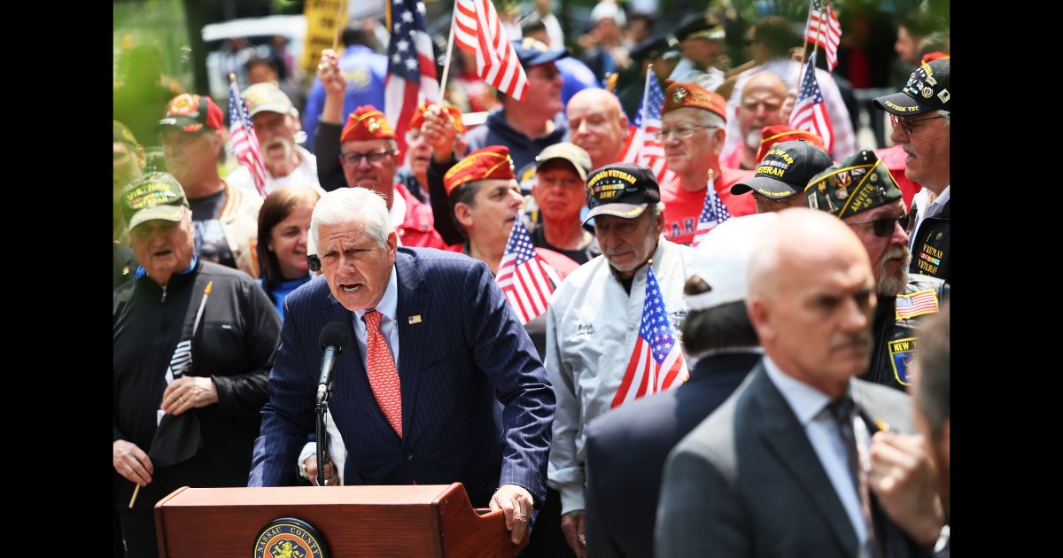 Nassau County Executive Bruce A Blakeman speaks during a rally in support of Daniel Penny at Collect Pond Park on May 24, 2023 in New York City.