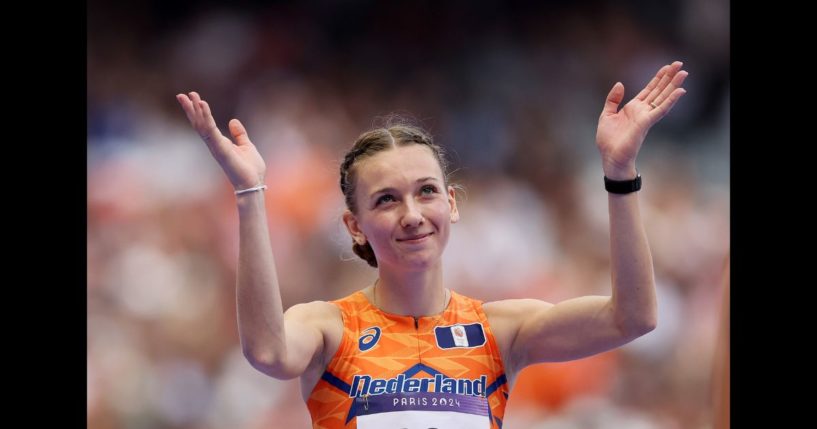 Femke Bol of Team Netherlands reacts during the Women's 400m Hurdles Round 1 on day nine of the Olympic Games Paris 2024 at Stade de France on August 4, 2024 in Paris, France.