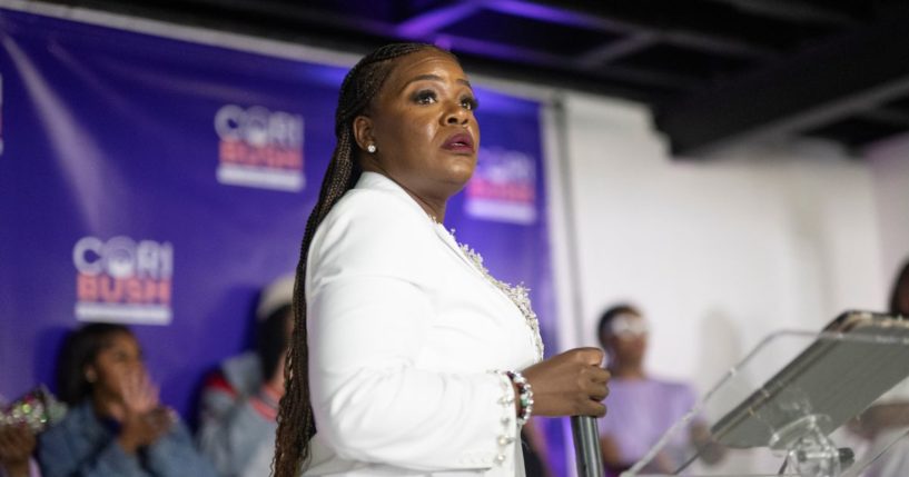 U.S. Rep. Cori Bush (D-MO) delivers her concession speech during a primary election watch party at Chevre Events on August 6, 2024 in St Louis, Missouri. Bush lost Tuesday's Democratic primary to St. Louis County Prosecutor Wesley Bell.