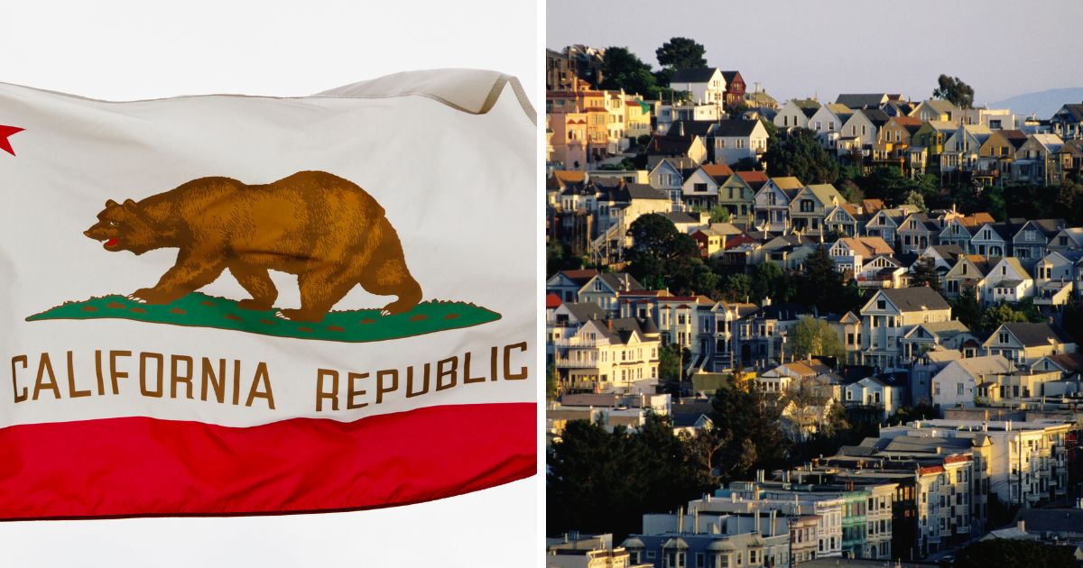 (L) This Getty stock image shows the state flag for California. (R) This Getty stock image shows a number of houses in San Francisco, California.