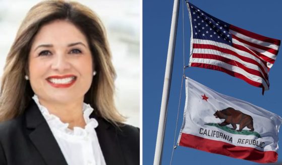 (L) This YouTube screen shot shows Marie Alvarado-Gil, a California lawmaker who is ditching the Democrats to join the Republican party. (R) An American flag flies with the California State flag next to the Lone Sailor statue on October 24, 2022 in Sausalito, California.