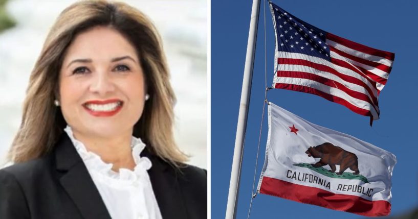 (L) This YouTube screen shot shows Marie Alvarado-Gil, a California lawmaker who is ditching the Democrats to join the Republican party. (R) An American flag flies with the California State flag next to the Lone Sailor statue on October 24, 2022 in Sausalito, California.