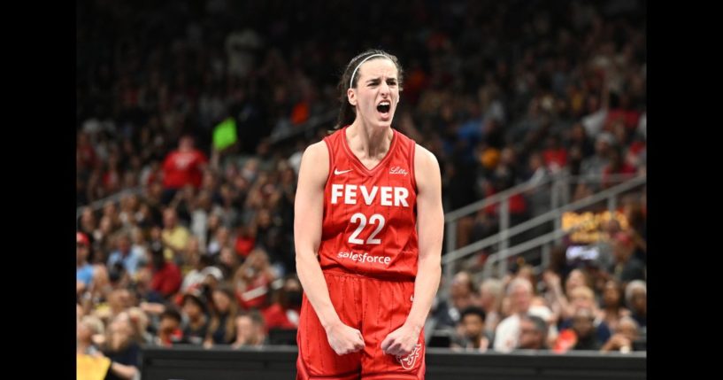 Caitlin Clark #22 of the Indiana Fever reacts against the Atlanta Dream on August 26, 2024 at State Farm Arena in Atlanta, Georgia.