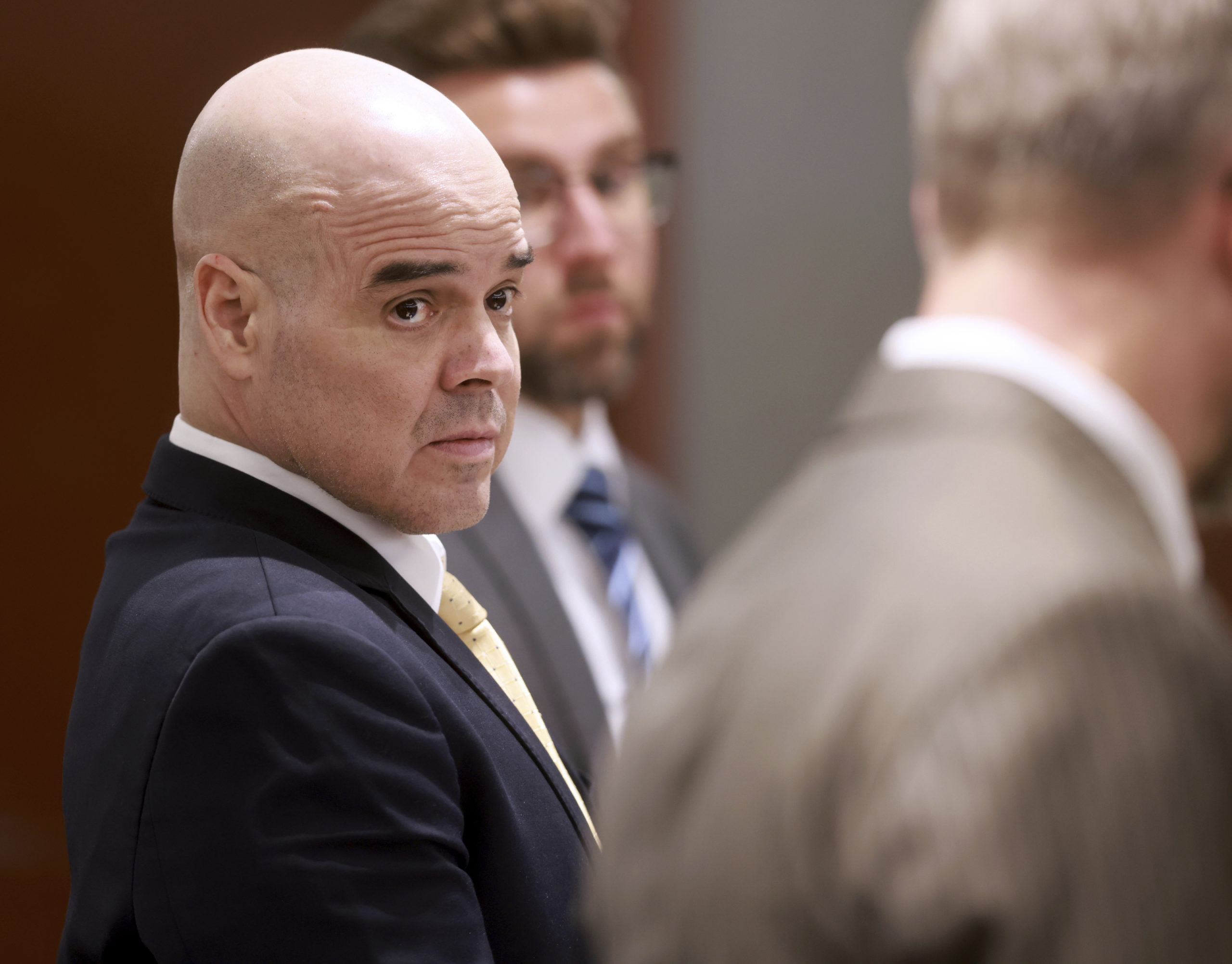 Robert Telles, left, listens to one of his attorneys Robert Draskovich during his murder trial at the Regional Justice Center in Las Vegas on Tuesday. Telles, a former Clark County public administrator, is charged in the murder of Las Vegas Review-Journal investigative journalist Jeff German.