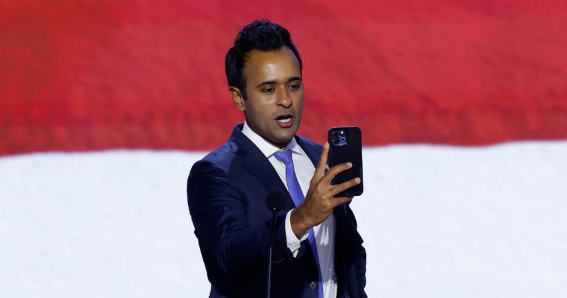 Former Presidential candidate Vivek Ramaswamy speaks during preparations for the second day of the Republican National Convention at the Fiserv Forum on July 16, 2024 in Milwaukee, Wisconsin.