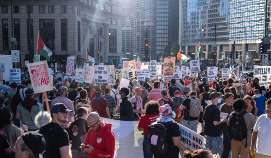 People gather for a Pro-Palestinian protest ahead of the Democratic National Convention on August 18, 2024 in Chicago, Illinois.