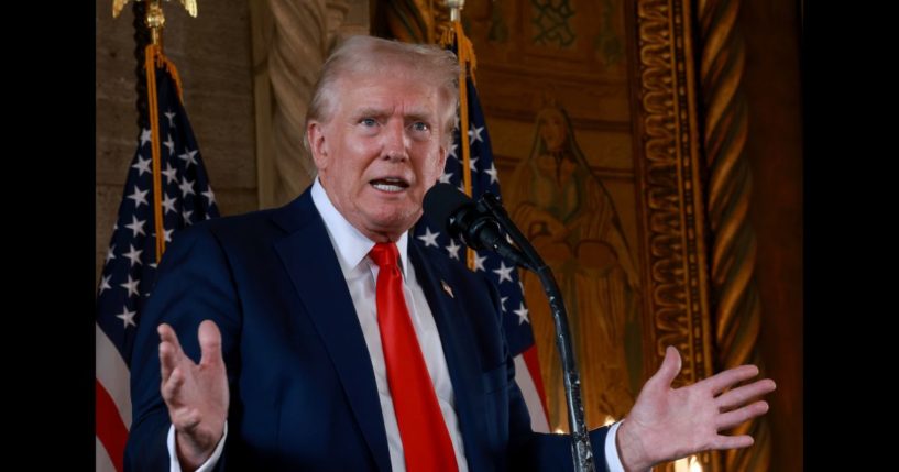 Republican presidential candidate former President Donald Trump speaks during a press conference at Mr. Trump's Mar-a-Lago estate on August 8, 2024, in Palm Beach, Florida.