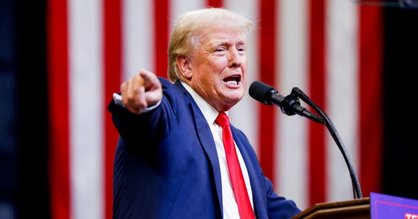 Republican presidential nominee, former U.S. President Donald Trump speaks at a rally at the Brick Breeden Fieldhouse at Montana State University on August 9, 2024 in Bozeman, Montana.