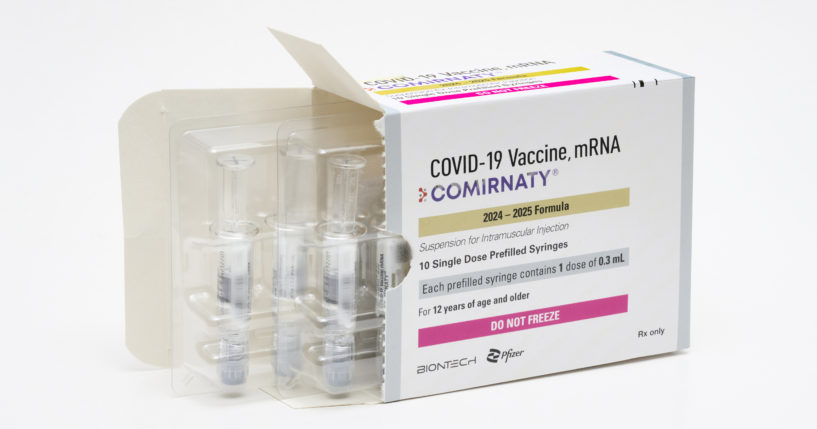 This photo provided by Pfizer in August 2024 shows a packaging for the company's updated COVID vaccine for ages 12 and up, approved by the U.S. Food and Drug Administration on Thursday.