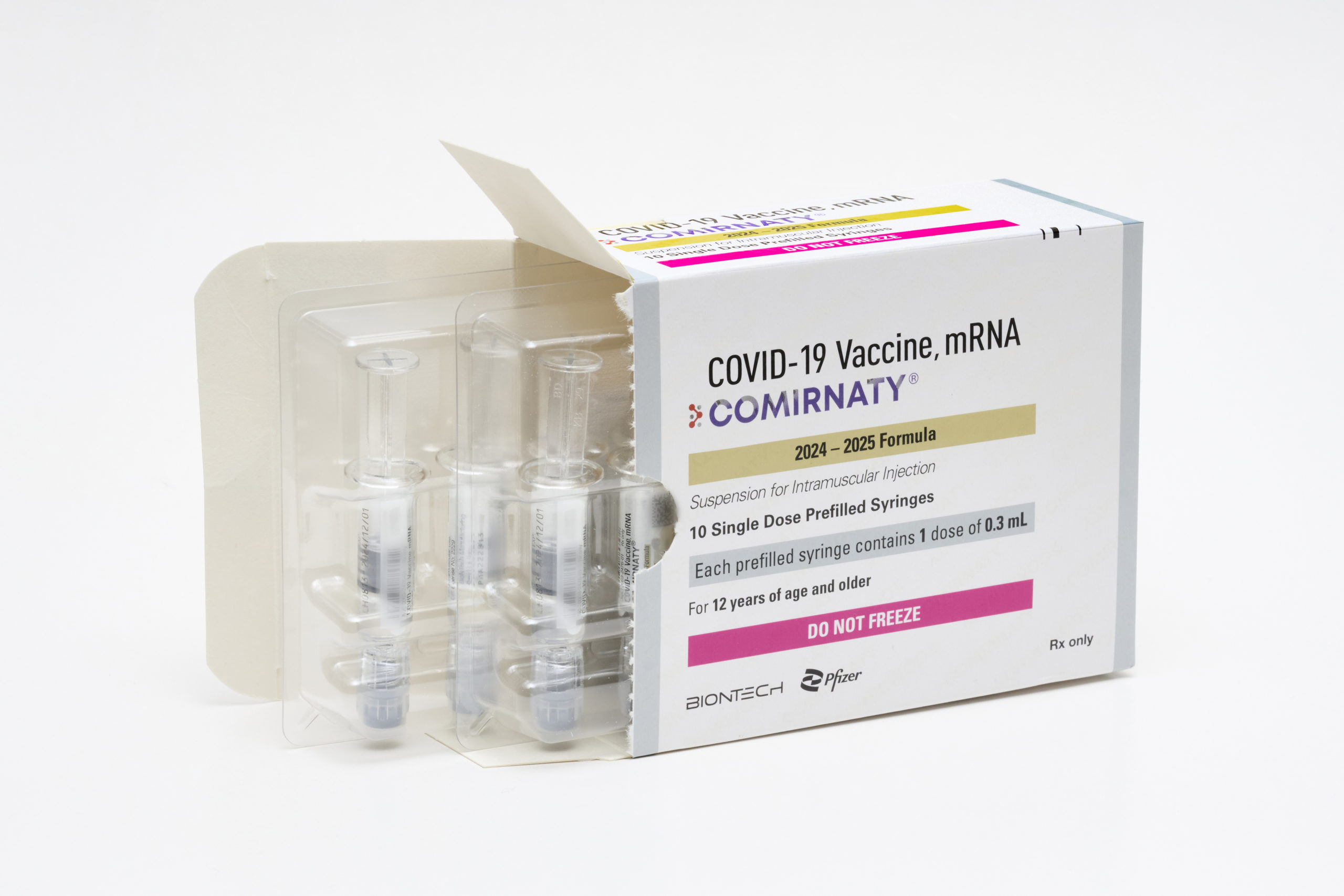 This photo provided by Pfizer in August 2024 shows a packaging for the company's updated COVID vaccine for ages 12 and up, approved by the U.S. Food and Drug Administration on Thursday.