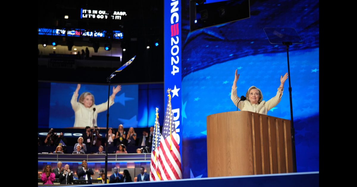 Former U.S. Secretary of State Hillary Clinton speaks onstage during the first day of the Democratic National Convention at the United Center on August 19, 2024 in Chicago, Illinois.