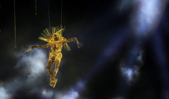 The Golden Voyager descends into the Stadium as a light show takes place during the Closing Ceremony of the Olympic Games Paris 2024 at Stade de France on August 11, 2024 in Paris, France.