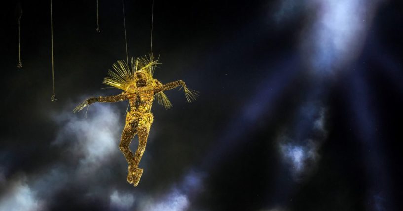 The Golden Voyager descends into the Stadium as a light show takes place during the Closing Ceremony of the Olympic Games Paris 2024 at Stade de France on August 11, 2024 in Paris, France.