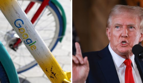 (L) The Google logo is displayed on a Google bike on January 30, 2024 in Mountain View, California. (R) Republican presidential candidate former President Donald Trump speaks during a press conference at his Mar-a-Lago estate on August 8, 2024, in Palm Beach, Florida.