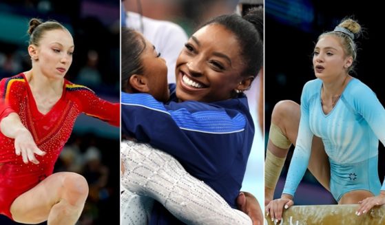 Romanian gymnast Ana Barbosu, left; American gymnast Jordan Chiles, center; and Romanian gymnast Sabrina Maneca-Voinea, right.