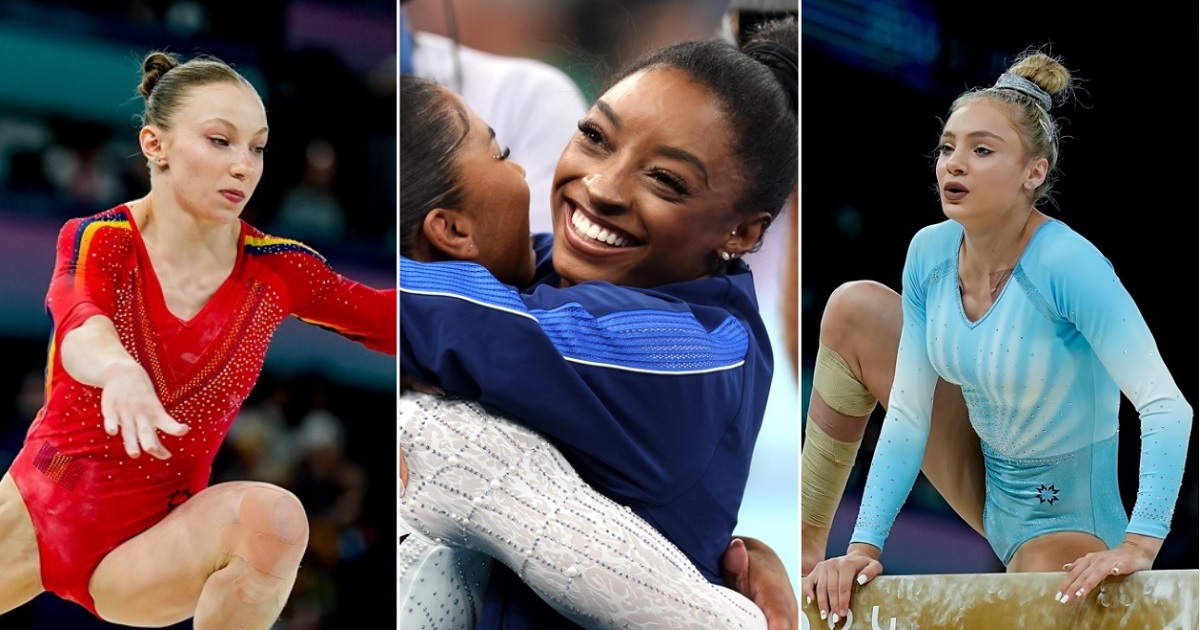 Romanian gymnast Ana Barbosu, left; American gymnast Jordan Chiles, center; and Romanian gymnast Sabrina Maneca-Voinea, right.