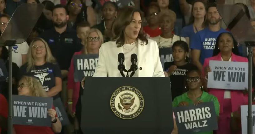 This YouTube screen shot shows Vice President Kamala Harris at a rally in Michigan on Aug. 7.