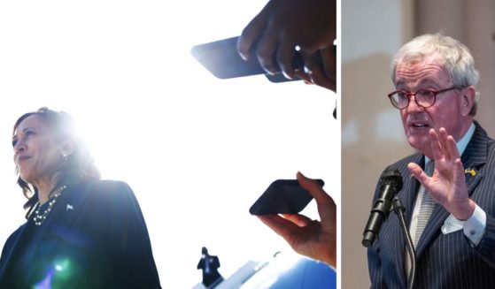 (L) Democratic U.S. presidential candidate Vice President Kamala Harris speaks to members of the press prior to a departure at Detroit Metropolitan Wayne County Airport in Detroit, Michigan. (R) New Jersey Governor Phil Murphy speaks before signing an executive order for a new clemency program that will pardon thousands of people as Newark and the nation celebrates Juneteenth on June 19, 2024 in Newark, New Jersey.