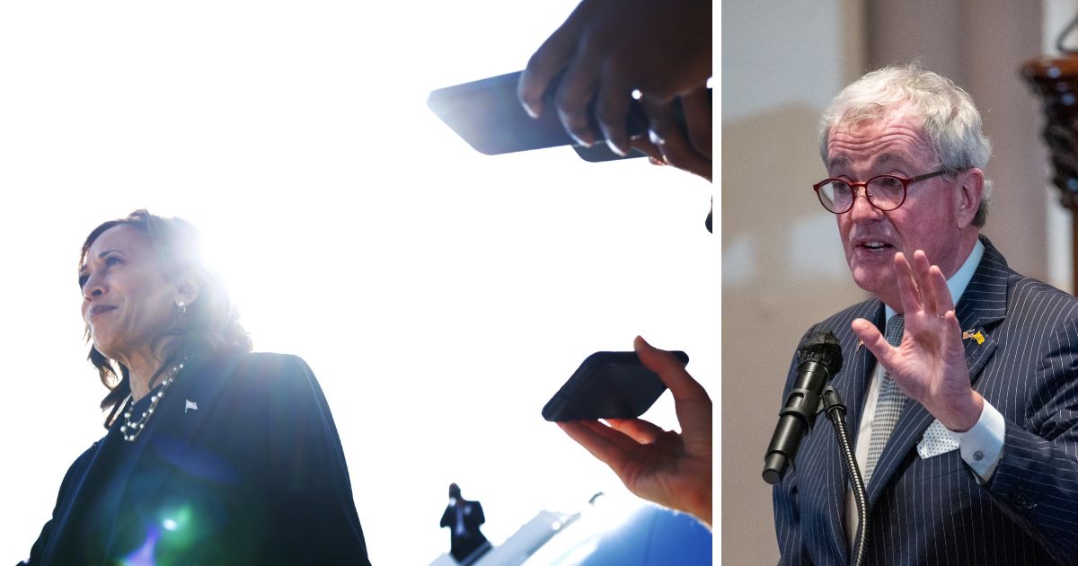 (L) Democratic U.S. presidential candidate Vice President Kamala Harris speaks to members of the press prior to a departure at Detroit Metropolitan Wayne County Airport in Detroit, Michigan. (R) New Jersey Governor Phil Murphy speaks before signing an executive order for a new clemency program that will pardon thousands of people as Newark and the nation celebrates Juneteenth on June 19, 2024 in Newark, New Jersey.