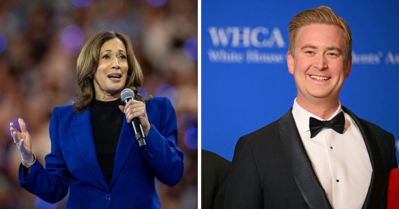 (L) Democratic presidential candidate and U.S. Vice President Kamala Harris speaks to supporters at a campaign rally at the Fiserv Forum on August 20, 2024 in Milwaukee, Wisconsin. (R) US journalists Steve Doocy (not pictured) and Peter Doocy arrive for the White House Correspondents' Association (WHCA) dinner at the Washington Hilton, in Washington, DC, on April 27, 2024.