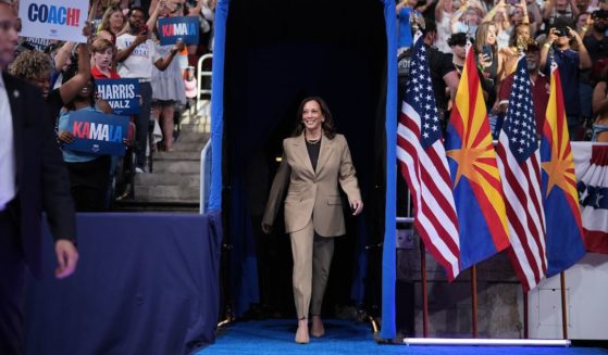 Democratic presidential candidate, U.S. Vice President Kamala Harris arrives at a campaign rally at Desert Diamond Arena on August 9, 2024 in Glendale, Arizona.