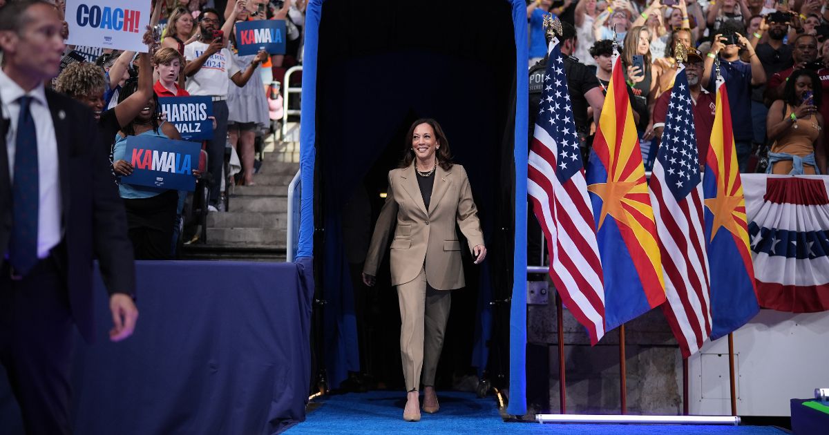 Democratic presidential candidate, U.S. Vice President Kamala Harris arrives at a campaign rally at Desert Diamond Arena on August 9, 2024 in Glendale, Arizona.