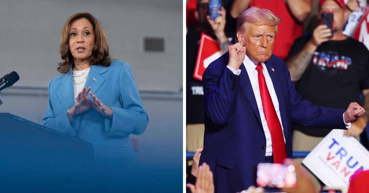 (L) US Vice President and Democratic presidential candidate Kamala Harris speaks at the Hendrick Center for Automotive Excellence on the Scott Northern Wake Campus of Wake Tech Community College in Raleigh, North Carolina, on August 16, 2024. (R) Republican Presidential Candidate former U.S. President Donald Trump dances after speaking during a campaign rally at Mohegan Sun Arena at Casey Plaza on August 17, 2024 in Wilkes Barre, Pennsylvania.