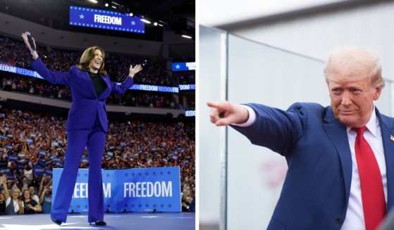 (L) Democratic presidential candidate, U.S. Vice President Kamala Harris holds her hands up after walking onstage at a campaign rally at the Fiserv Forum on August 20, 2024 in Milwaukee, Wisconsin. (R) Republican Presidential candidate, former U.S. president, Donald Trump, greets supporters before offering remarks during an event on August 21, 2024 in Asheboro, North Carolina at the North Carolina Aviation Museum and Hall of Fame.