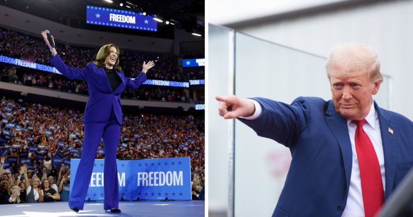 (L) Democratic presidential candidate, U.S. Vice President Kamala Harris holds her hands up after walking onstage at a campaign rally at the Fiserv Forum on August 20, 2024 in Milwaukee, Wisconsin. (R) Republican Presidential candidate, former U.S. president, Donald Trump, greets supporters before offering remarks during an event on August 21, 2024 in Asheboro, North Carolina at the North Carolina Aviation Museum and Hall of Fame.