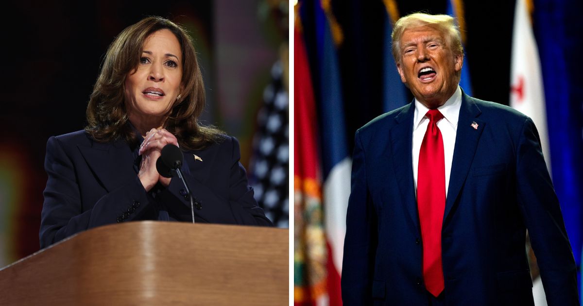 (L) Democratic presidential candidate, U.S. Vice President Kamala Harris speaks on stage during the final day of the Democratic National Convention at the United Center on August 22, 2024 in Chicago, Illinois. (R) Republican presidential nominee, former U.S. President Donald Trump greets the crowd before speaking during the National Guard Association of the United States' 146th General Conference & Exhibition at Huntington Place Convention Center on August 26, 2024 in Detroit, Michigan.