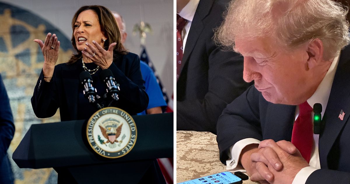 (L) This X screen shot shows former President Donald Trump speaking during a Spaces conversation with Elon Musk on Aug. 12. (R) Democratic presidential candidate, U.S. Vice President Kamala Harris, speaks at a campaign rally at United Auto Workers Local 900 on August 8, 2024 in Wayne, Michigan.