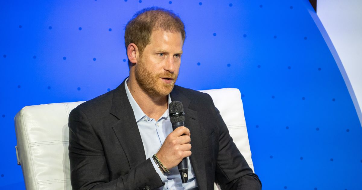 Prince Harry, Duke of Sussex speaks onstage during a forum about digital responsibility at EAN University during a visit around Colombia on August 15, 2024 in Bogota, Colombia.