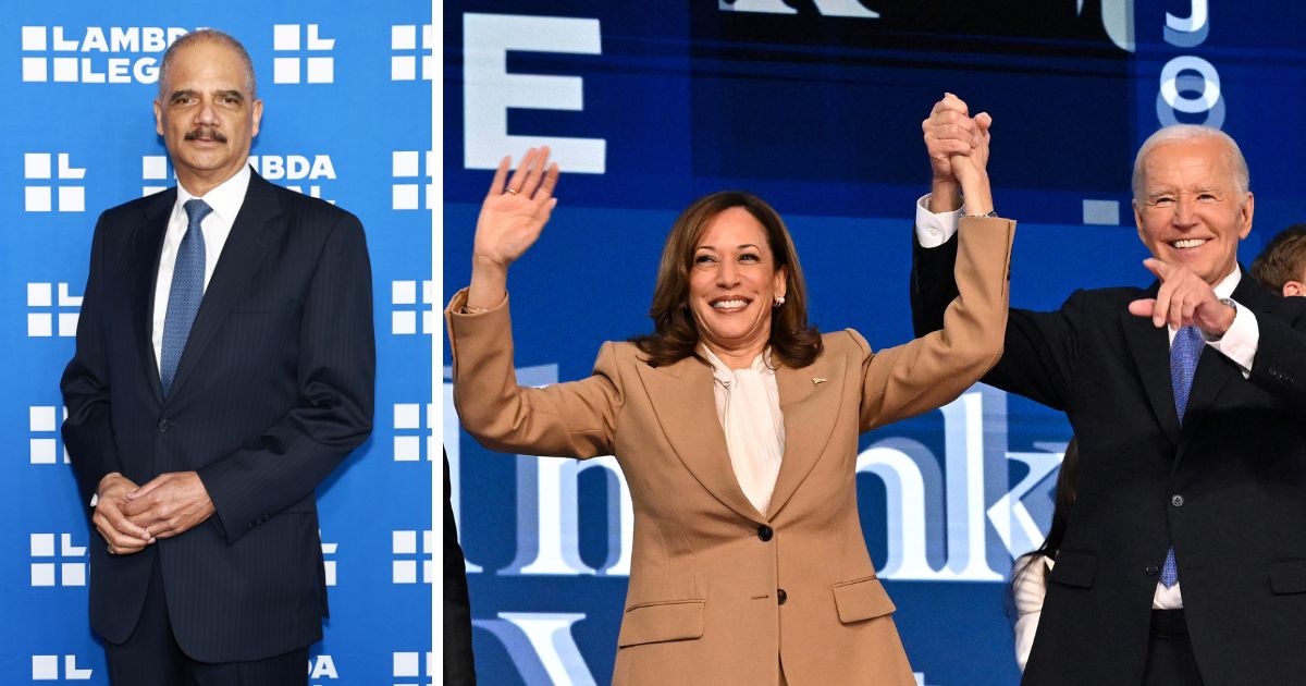 (L) Eric Holder attends Lambda Legal Hosts 2024 National Liberty Awards at The Glasshouse on May 30, 2024 in New York City. (R) US President Joe Biden holds US Vice President and 2024 Democratic presidential candidate Kamala Harris hand after delivering the keynote address on the first day of the Democratic National Convention (DNC) at the United Center in Chicago, Illinois, on August 19, 2024.