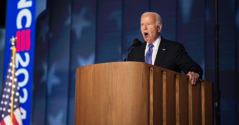 U.S. President Joe Biden speaks onstage during the first day of the Democratic National Convention at the United Center on August 19, 2024 in Chicago, Illinois.