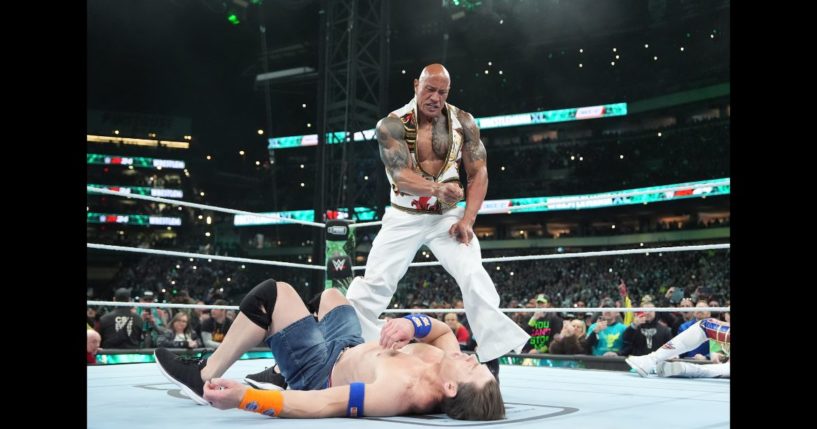 The Rock fights against John Cena on Night Two at WrestleMania 40 at Lincoln Financial Field on April 7 in Philadelphia, Pennsylvania.