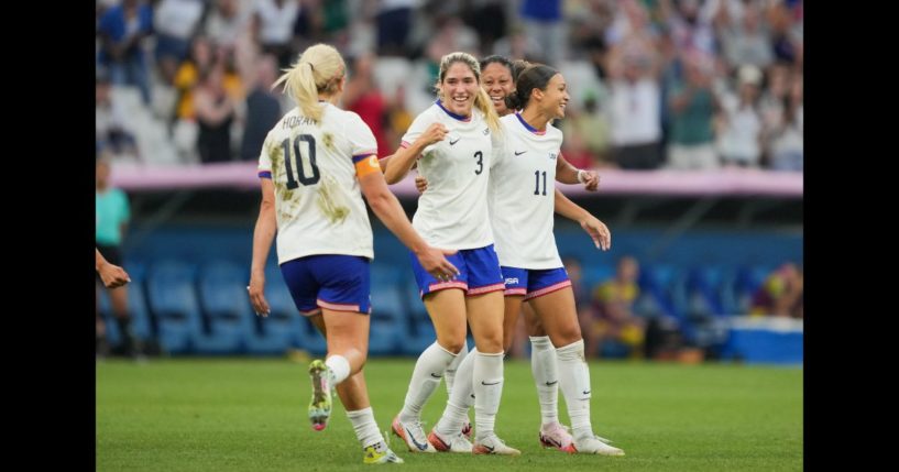 Korbin Albert #3 of the United States celebrates scoring with teammates during the second half against Australia during the Women's group B match during the Olympic Games Paris 2024 at Stade de Marseille on July 31, 2024 in Marseille, France.