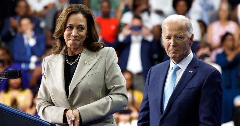 Vice President Kamala Harris and President Joe Biden are pictured on stage Thursday at Prince George’s Community College in Largo, Maryland.