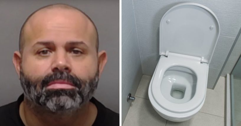 (L) This YouTube screen shot shows the mugshot of Texas man Paul Moses Alden, who is accused by authorities for planting explosives in gas station bathrooms. (R) This Getty stock image shows a toilet.