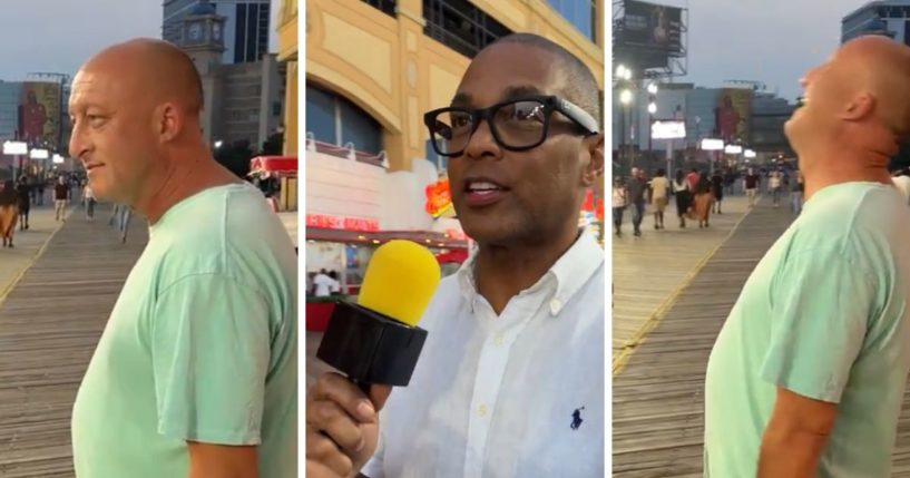 These X screen shots show Don Lemon (C) and a man (L and R) he interviewed in Atlantic City, New Jersey, in a clip posted to X on Aug. 17.