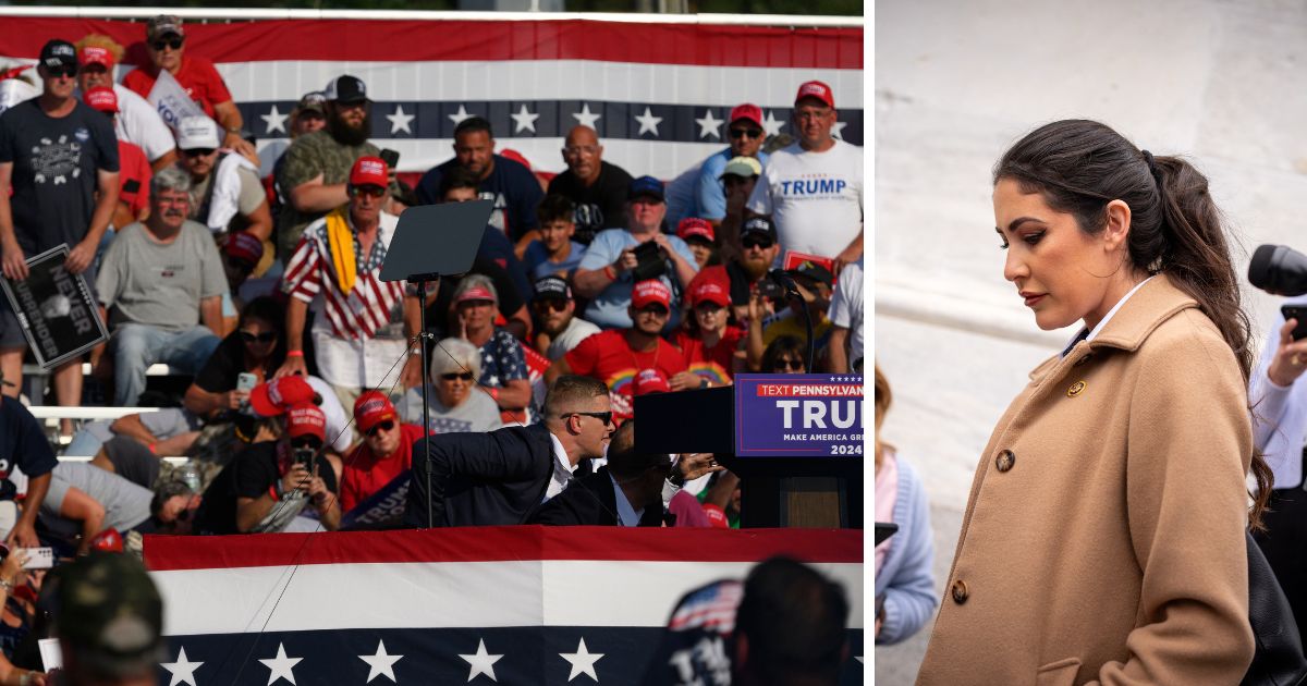 (L) Republican presidential candidate, former U.S. President Donald Trump is swarmed by Secret Service after he was shot at a rally at Butler Farm Show Inc. on July 13, 2024 in Butler, Pennsylvania. (R) Rep. Anna Paulina Luna (R-FL) listens to a reporters on Capitol Hill following a vote on April 19, 2024 in Washington, DC.