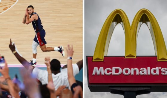 (L) Stephen Curry #4 of Team United States reacts after a three point basket during the Men's Gold Medal game between Team France and Team United States on day fifteen of the Olympic Games Paris 2024 at Bercy Arena on August 10, 2024 in Paris, France. (R) The Golden Arches logo of the fast food restaurant McDonald's is displayed outside a branch on May 15, 2024 in Minehead, England.