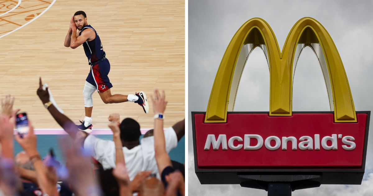 (L) Stephen Curry #4 of Team United States reacts after a three point basket during the Men's Gold Medal game between Team France and Team United States on day fifteen of the Olympic Games Paris 2024 at Bercy Arena on August 10, 2024 in Paris, France. (R) The Golden Arches logo of the fast food restaurant McDonald's is displayed outside a branch on May 15, 2024 in Minehead, England.