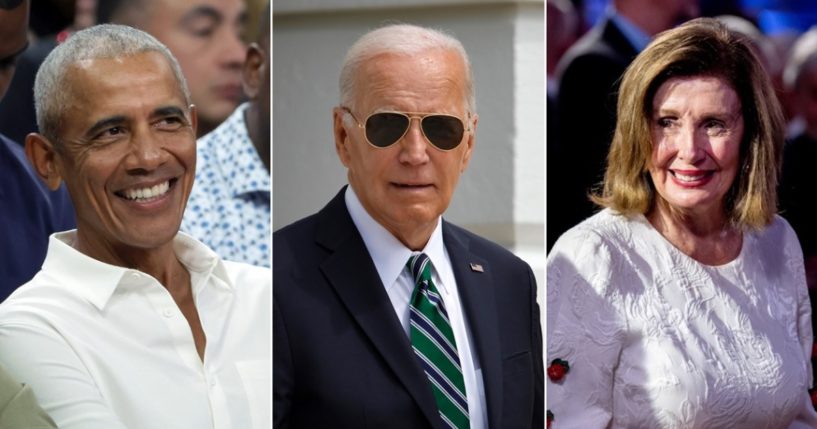 Former President Barack Obama, left; President Joe Biden, center; former House Speaker Nancy Pelosi, right.