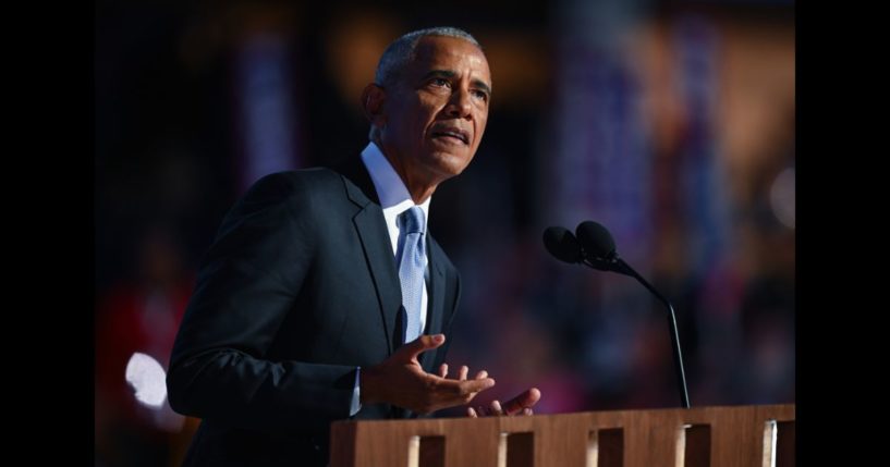 Former U.S. President Barack Obama speaks on stage during the second day of the Democratic National Convention at the United Center on August 20, 2024 in Chicago, Illinois.