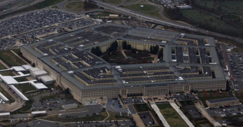 The Pentagon is seen from a flight taking off from Ronald Reagan Washington National Airport on November 29, 2022 in Arlington, Virginia.