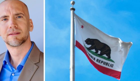 (L) This X screen shot shows Matthew Garrett. (R) A view of the California State flag at the 9th Annual LGBTQ+ Night at Dodger Stadium at Dodger Stadium on June 3, 2022 in Los Angeles, California.