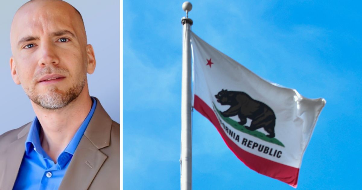 (L) This X screen shot shows Matthew Garrett. (R) A view of the California State flag at the 9th Annual LGBTQ+ Night at Dodger Stadium at Dodger Stadium on June 3, 2022 in Los Angeles, California.