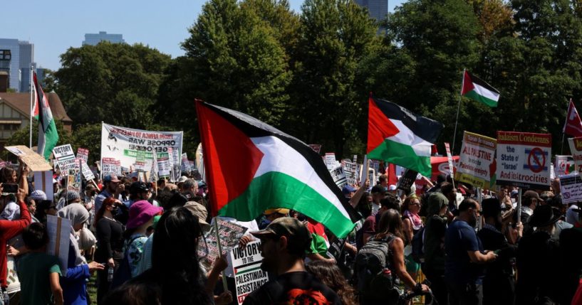 Pro-Palestinian protesters demonstrate in Union Park before the start of the Democratic National Convention (DNC) in Chicago, Illinois, on August 19, 2024.