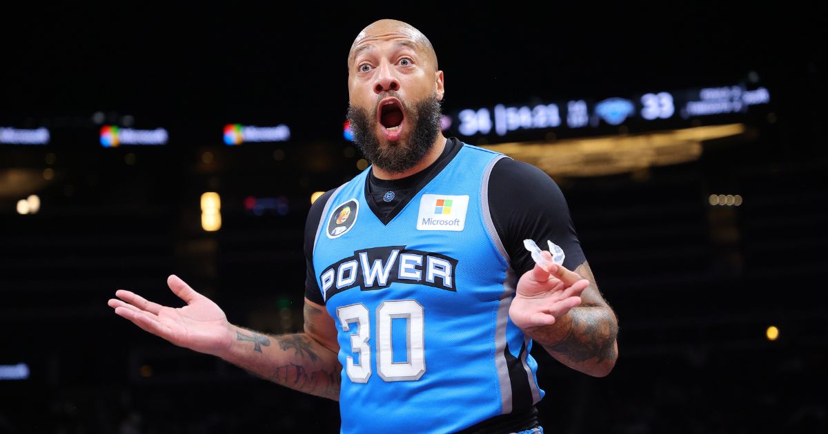 Royce White #30 of the Power reacts during the BIG3 Championship against Trilogy at State Farm Arena on August 21, 2022 in Atlanta, Georgia.